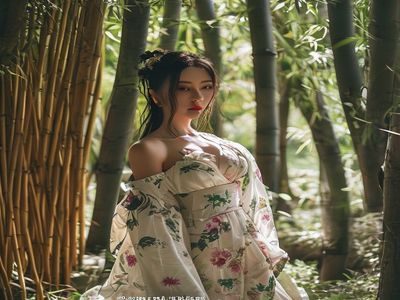 白丝巨乳美女日系和风写真，庭院竹林场景，白丝与和服点缀，东方含蓄美